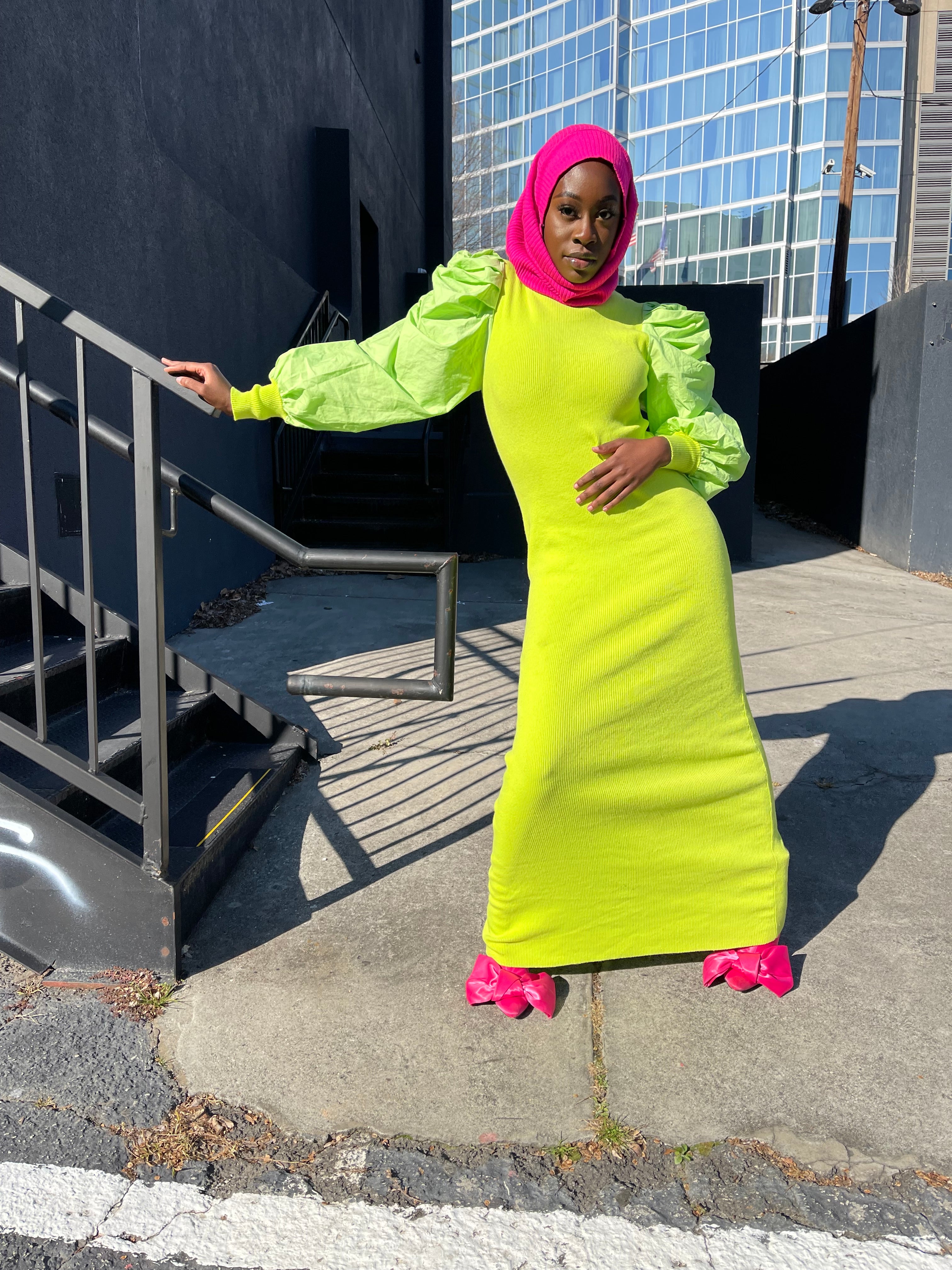 Ribbed Knit Scrunch Sleeve Dress