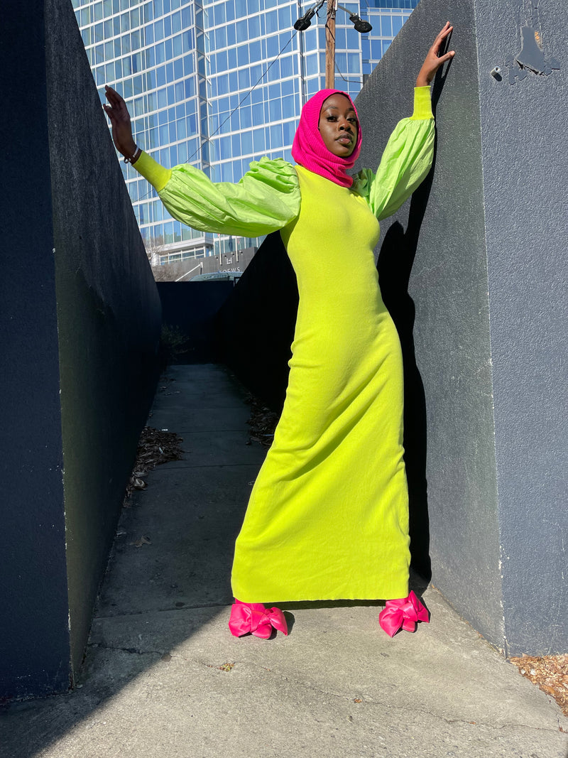 Ribbed Knit Scrunch Sleeve Dress