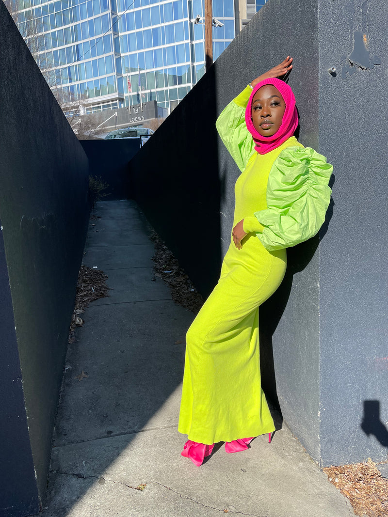 Ribbed Knit Scrunch Sleeve Dress