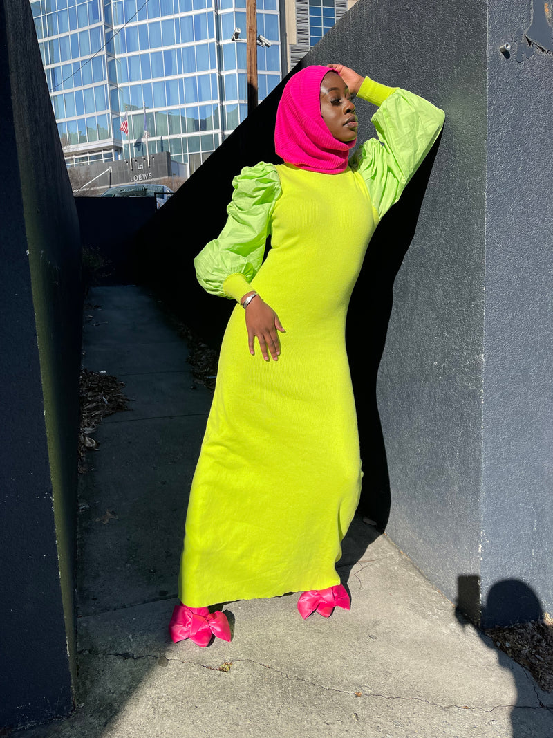 Ribbed Knit Scrunch Sleeve Dress