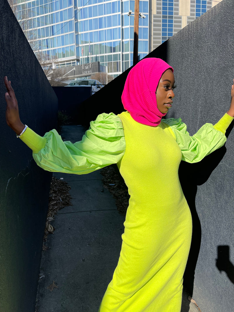 Ribbed Knit Scrunch Sleeve Dress